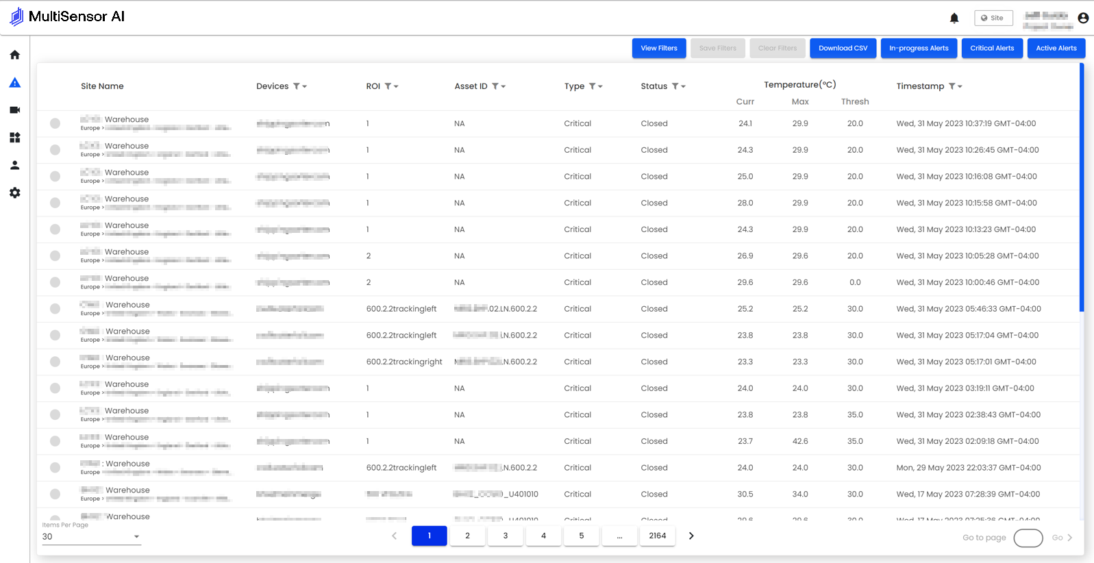 MultiSensor AI alerts list showing temperature thresholds, asset IDs, and timestamps