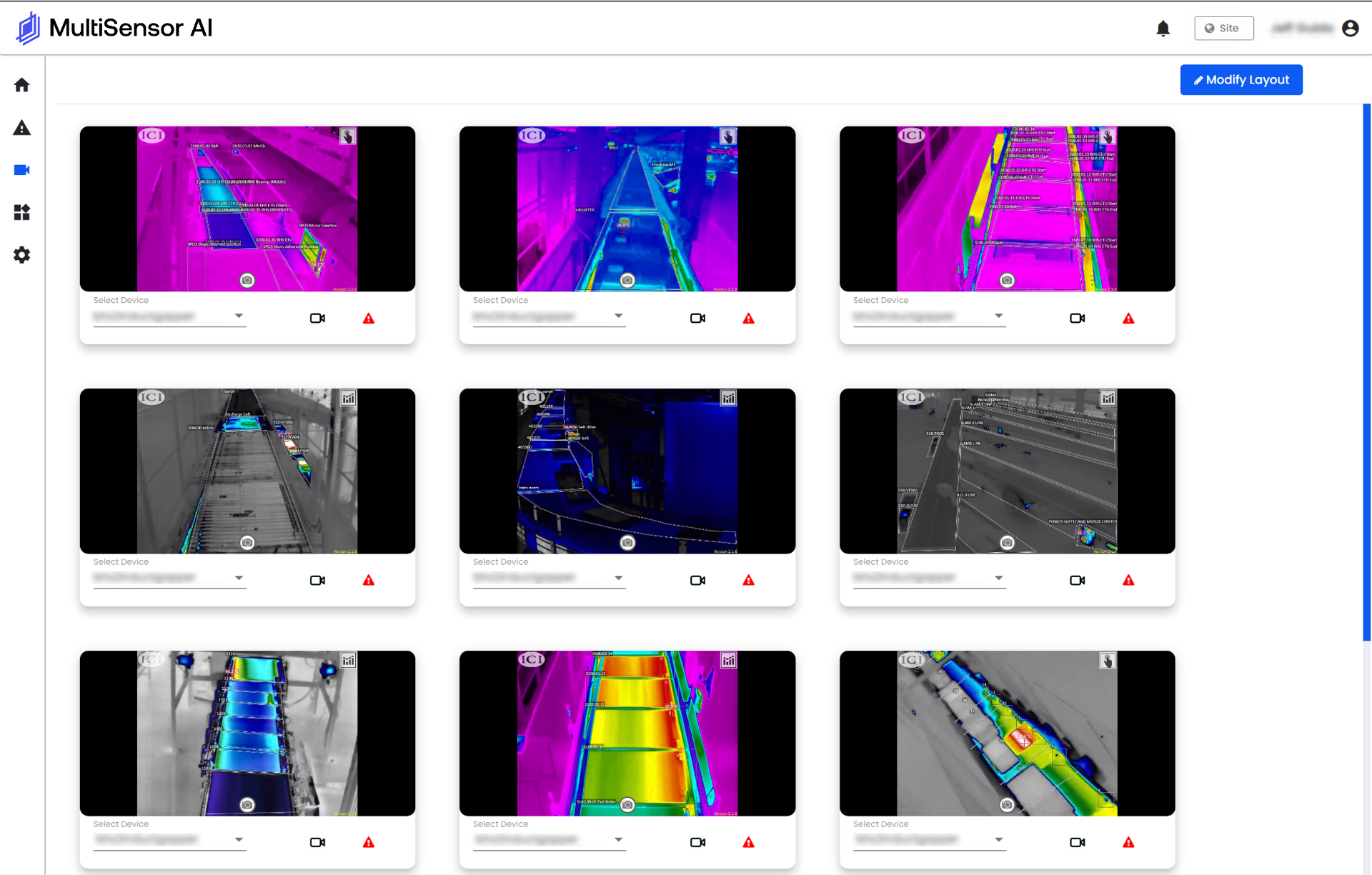 MultiSensor AI thermal imaging dashboard correlating thermal anomalies across conveyor assets